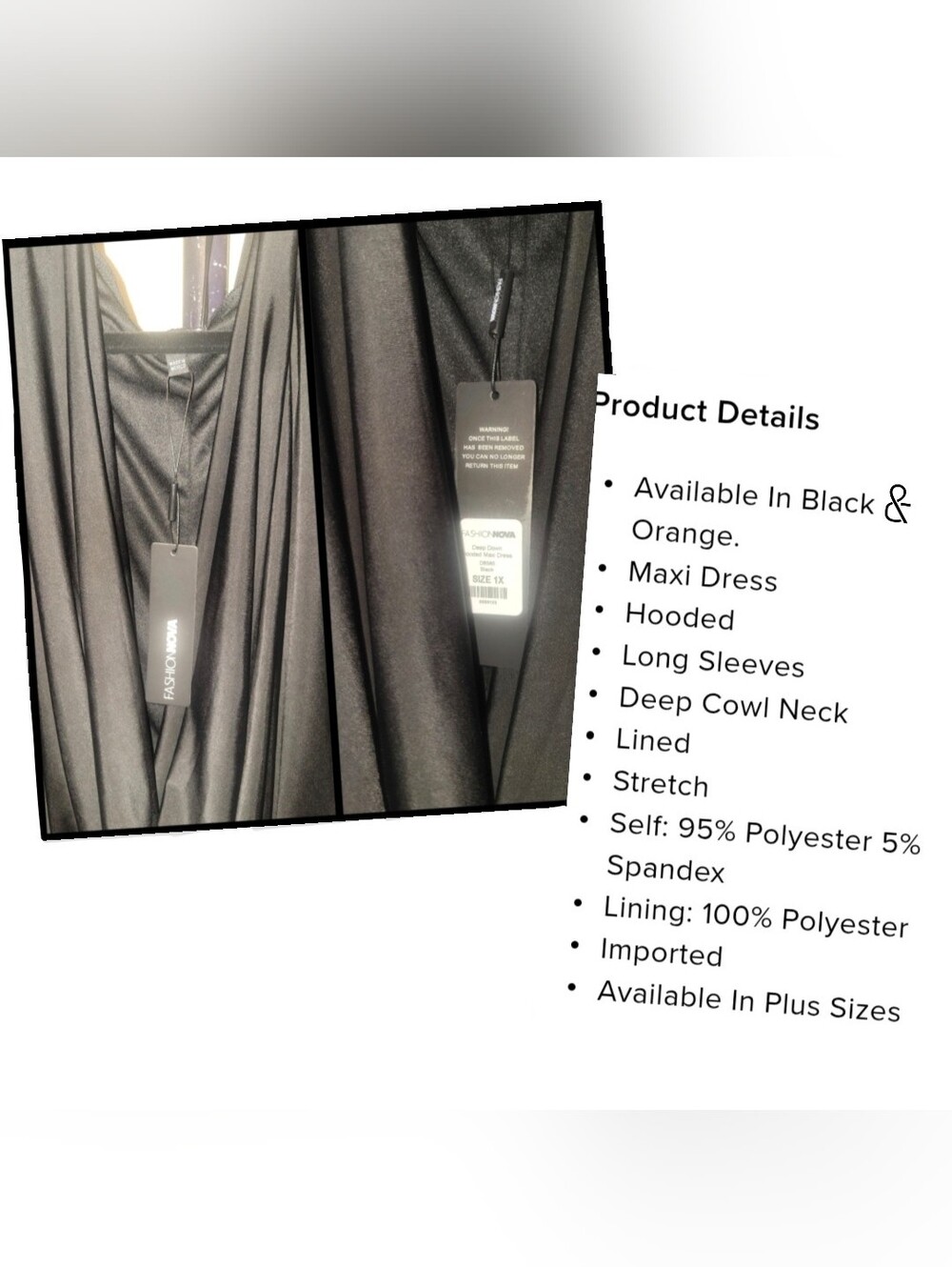 Fashion Nova deep down hooded maxi dress sexy blk morticia Addams vibe 1X NWT - Picture 4 of 17